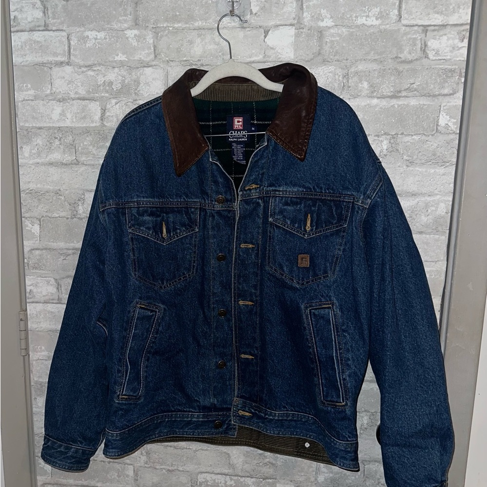 VTG Men's Chaps Ralph Lauren Blue Denim Jacket Leather Collar Flannel Lined sz M